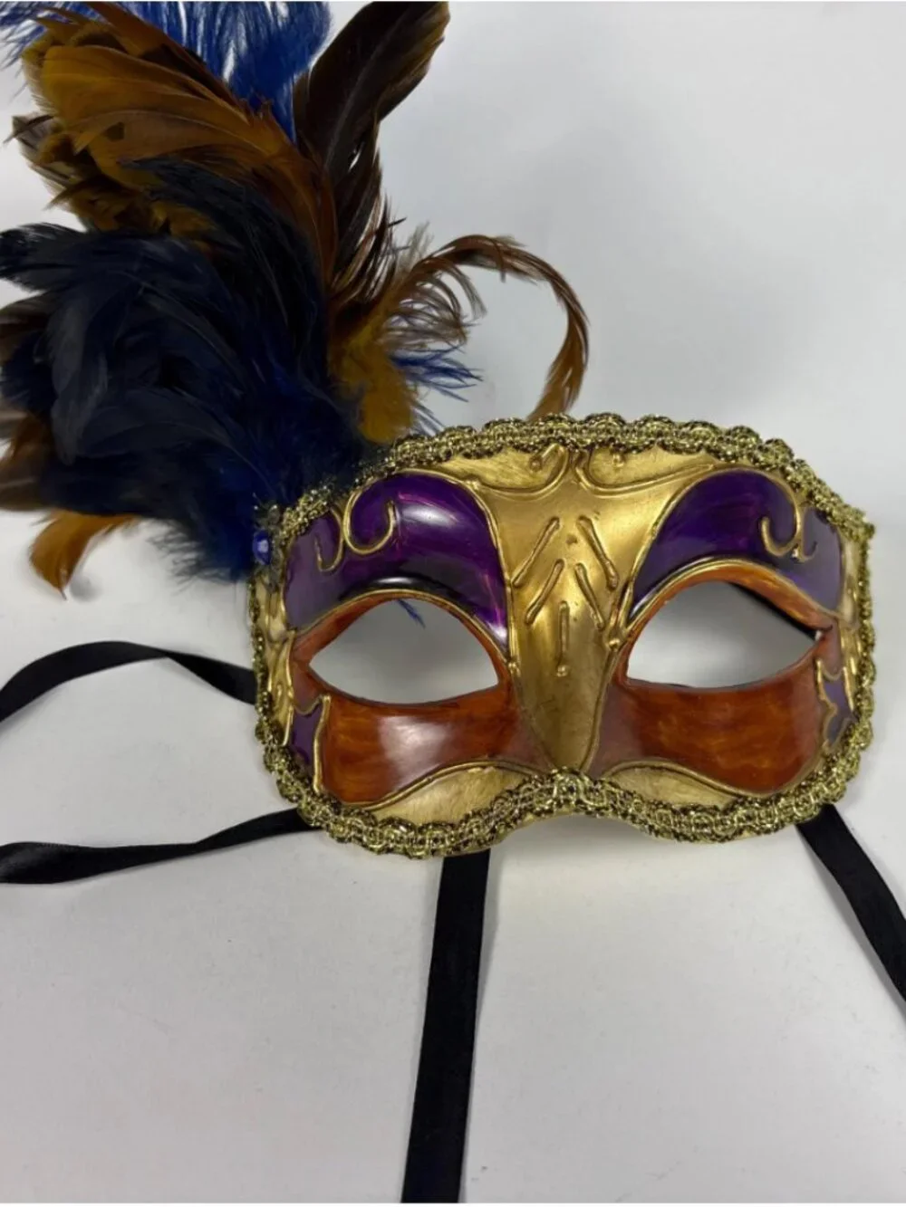 Vintage Mardi Gras Feather Mask | Hand Painted Paper Mâché Masquerade Mask